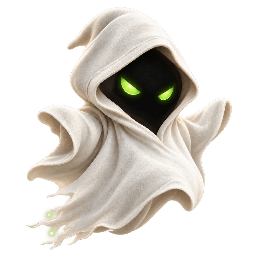 Ghost Edith, a hooded white ghost with glowing green eyes